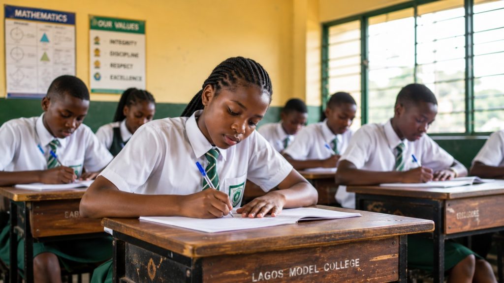 Nigerian school students in uniform studying and writing in a classroom