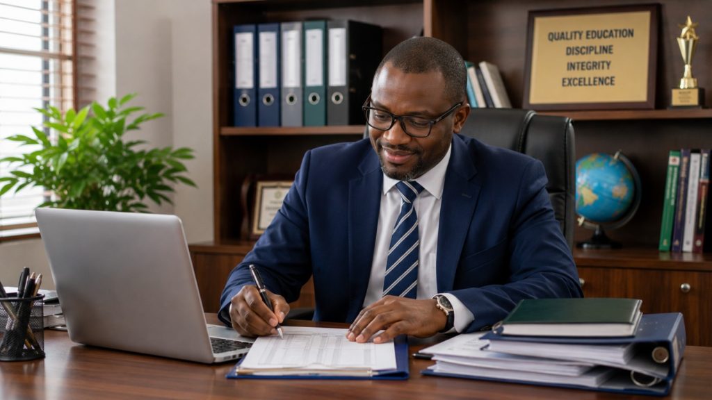 Nigerian school administrator reviewing school records and finances at a desk