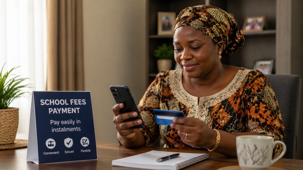 Nigerian mother making a school fees in nigeira payment online using her phone and bank card