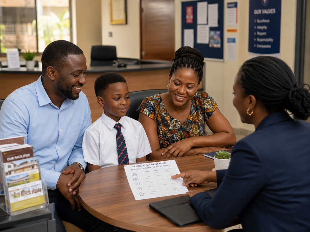 parents discussing flexible school fee payment options with a school representative in Nigeria.