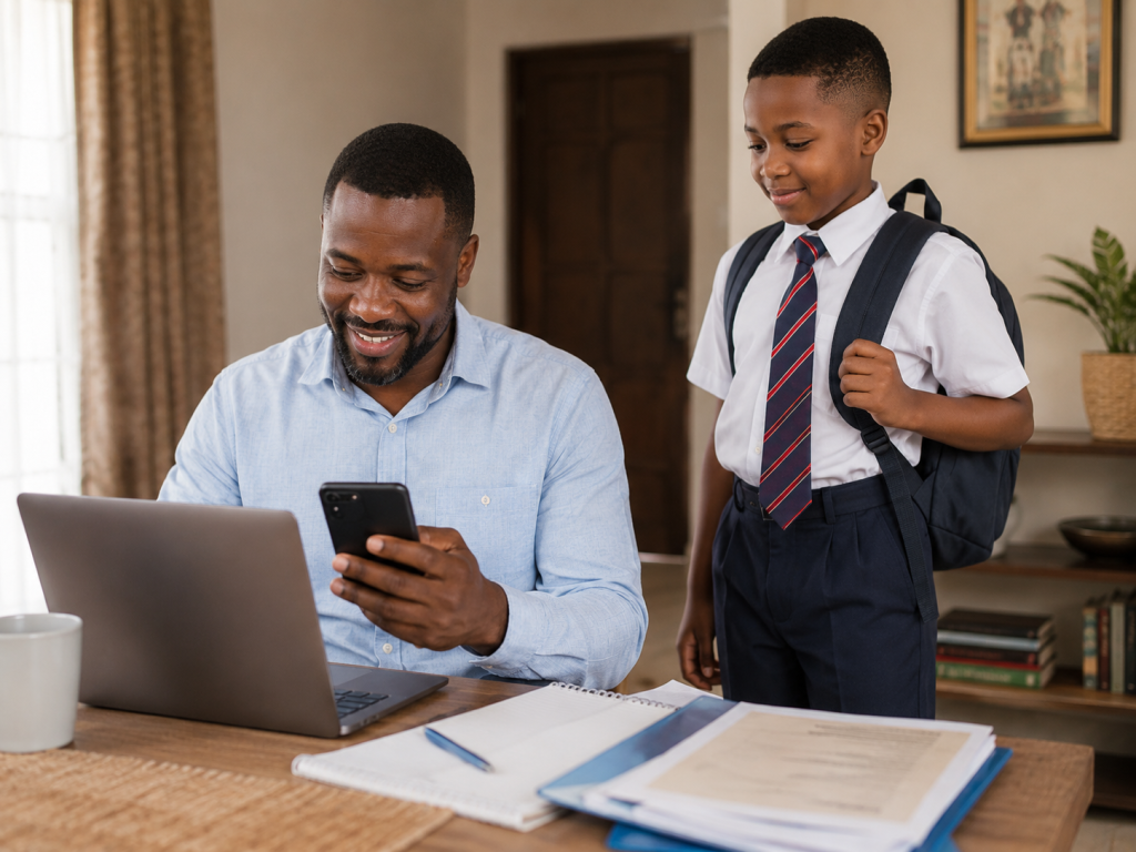 father managing school fee payments online while his child prepares for school.