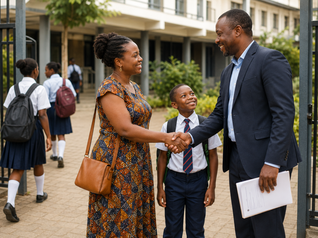 African parent speaking with a school administrator about school fee payment options in Nigeria.