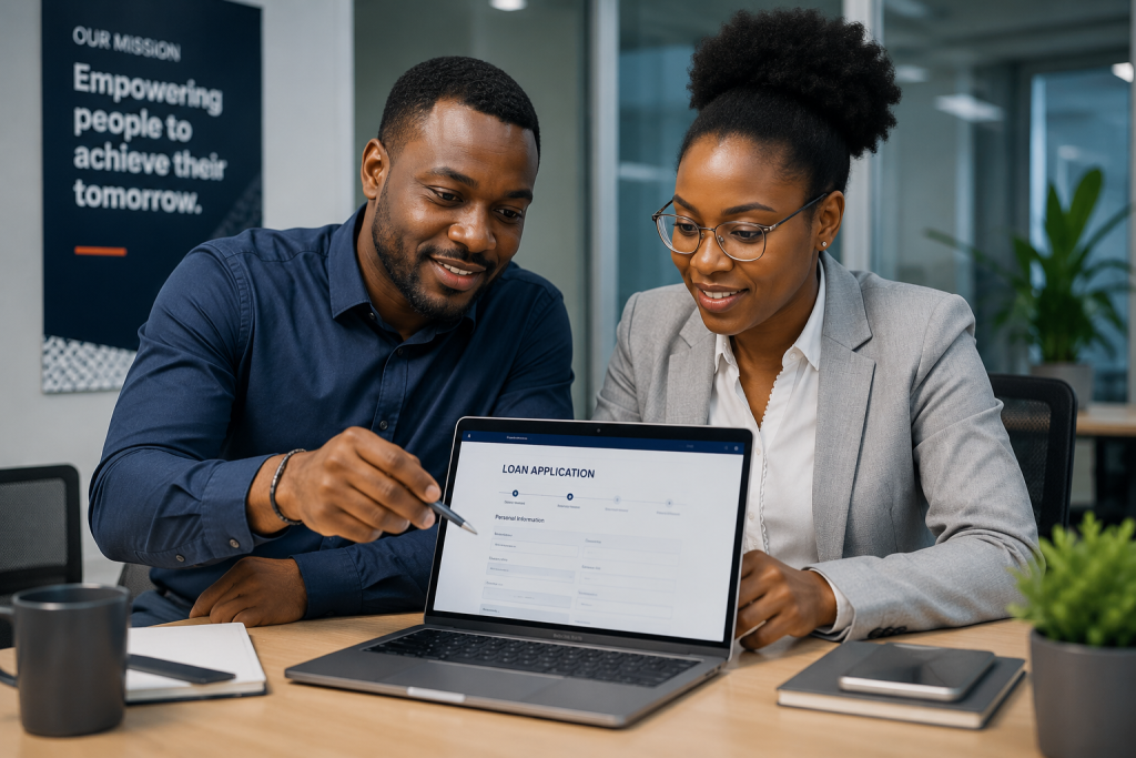 Financial advisor discussing an online loan application on a laptop with a client.