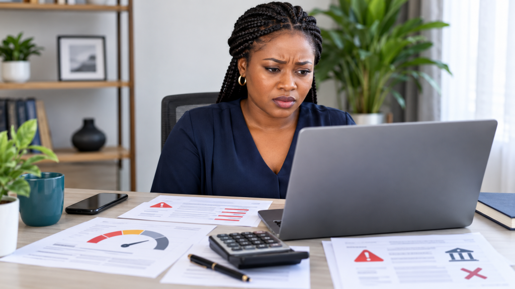 Nigerian woman reviewing poor credit history documents on a laptop with warning symbols and a low credit score report on her desk.