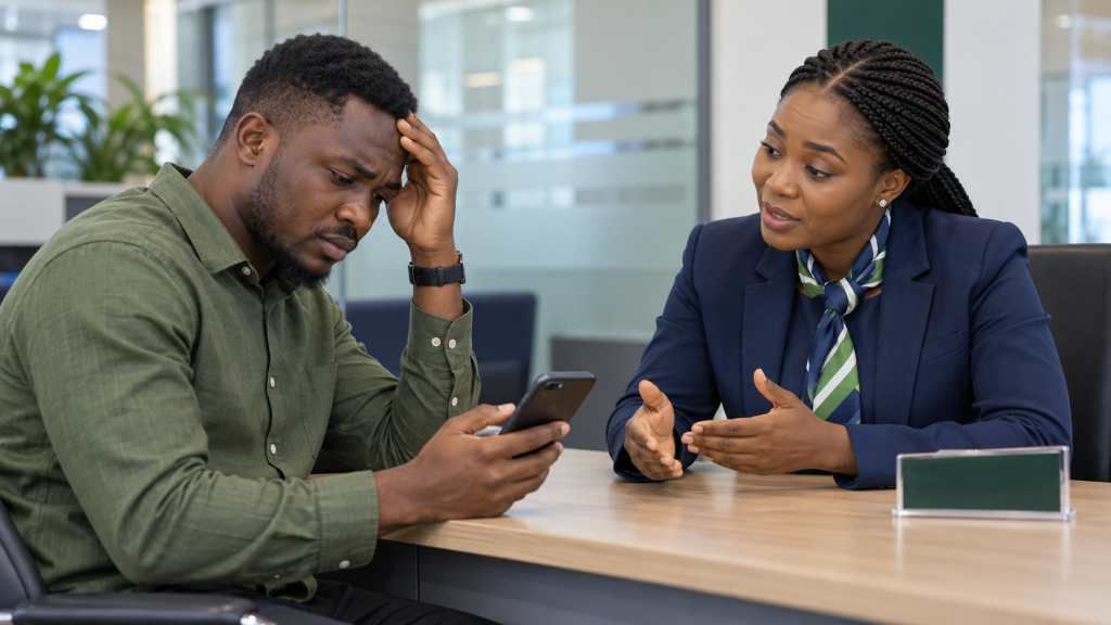 Worried man checking his phone while a bank customer officer explains his credit history during a financial consultation.