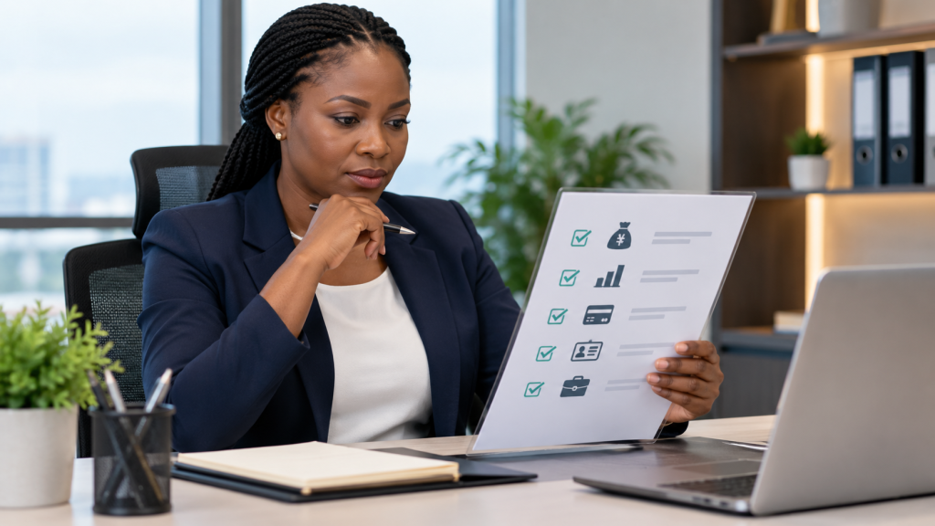 Credit manager reviewing a loan application checklist with approval marks at a desk in a financial office.