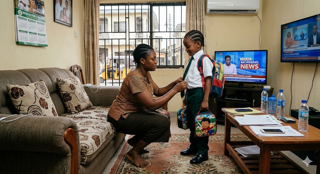 Doting parent prepping child for back to school