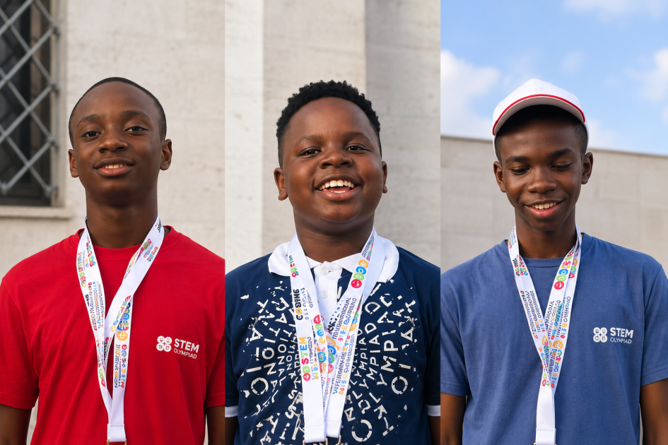 Three Nigerian students—Onyedikachi Egejurum, Chimdiebube Onwubiko, and Don Anele Munachimso—posing with their medals after winning Gold at the International STEM Olympiad in Rome, Italy.