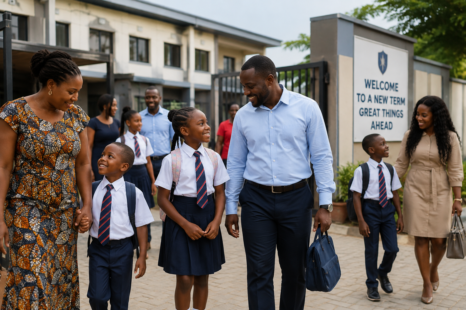 Nigerian parents walking their children to school at the start of a new school term